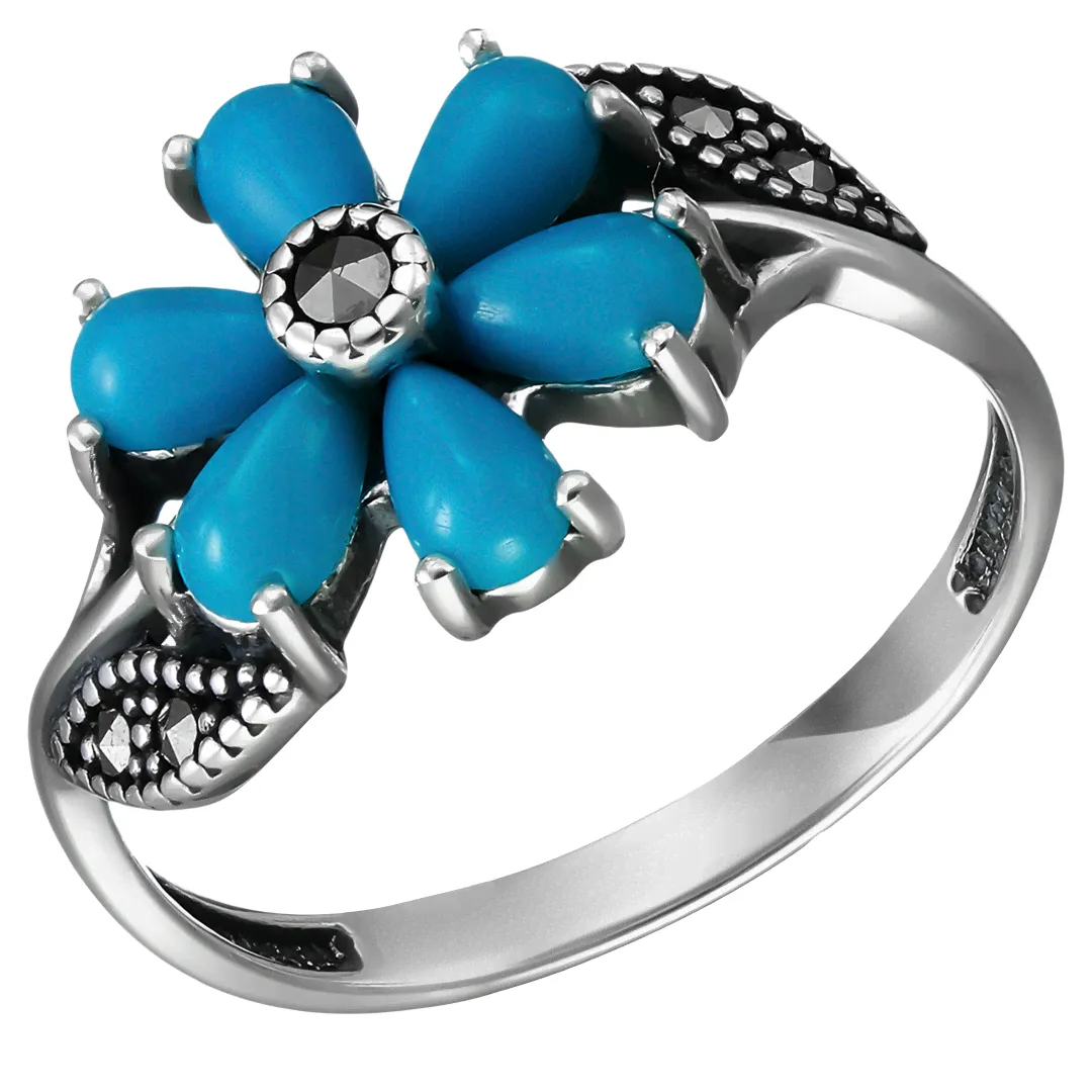 Серебряное кольцо 925 пробы; оксидирование; вставки 6 Бирюза; 5 Марказит;