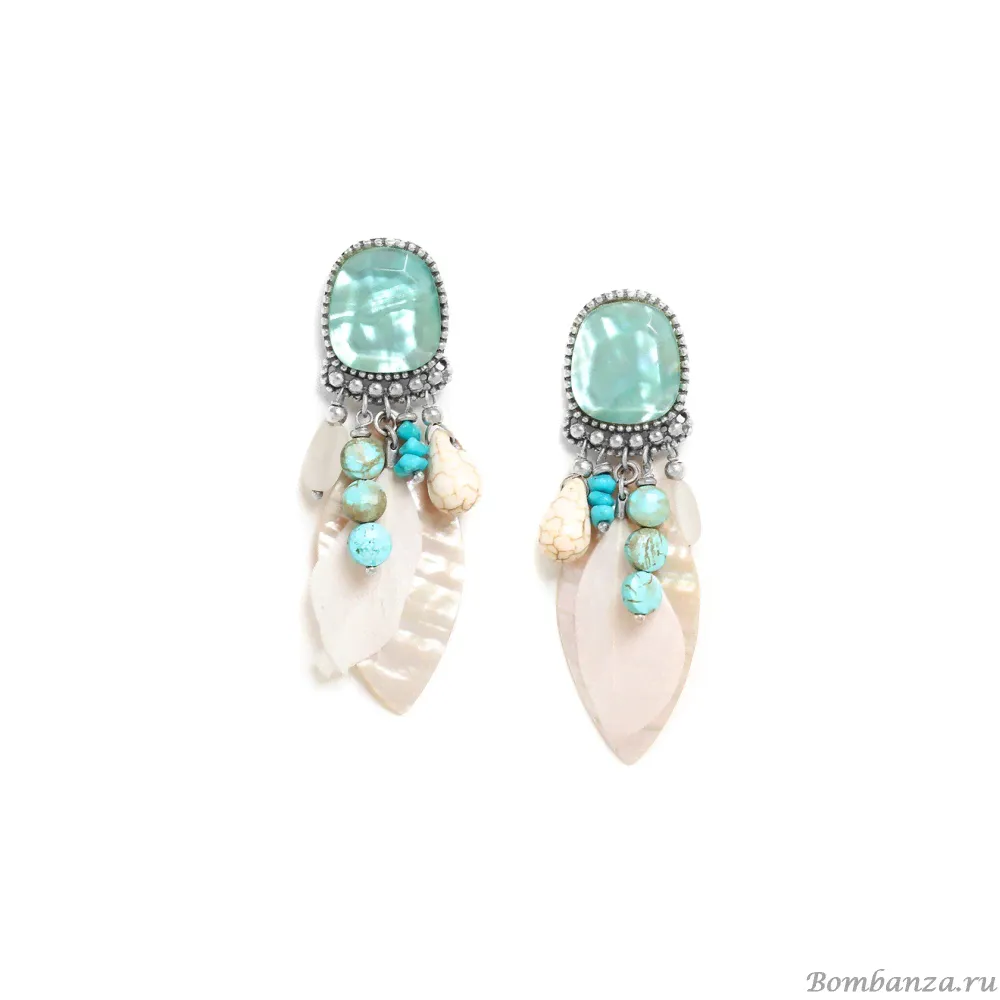 Серьги Nature Bijoux, Darwin, гелиотис, жемчуг, бирюза, говлит, перо, NB23.2-12-78770 голубой-0